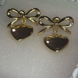 Gold Bow and Heart Drop Earrings